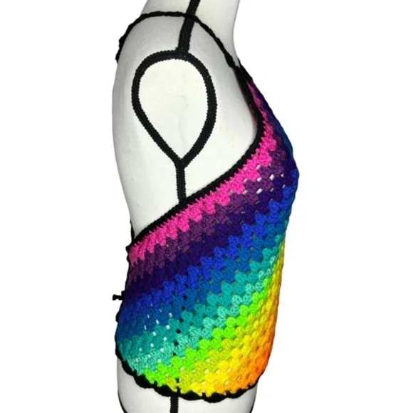 Handcrafted Crochet Halter Top Rainbow Granny Acrylic Yarn Art Handmade Knit - Picture 7 of 16